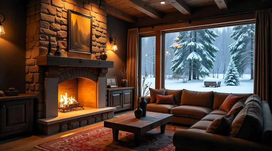 Cozy cabin interior with fireplace and winter scenery